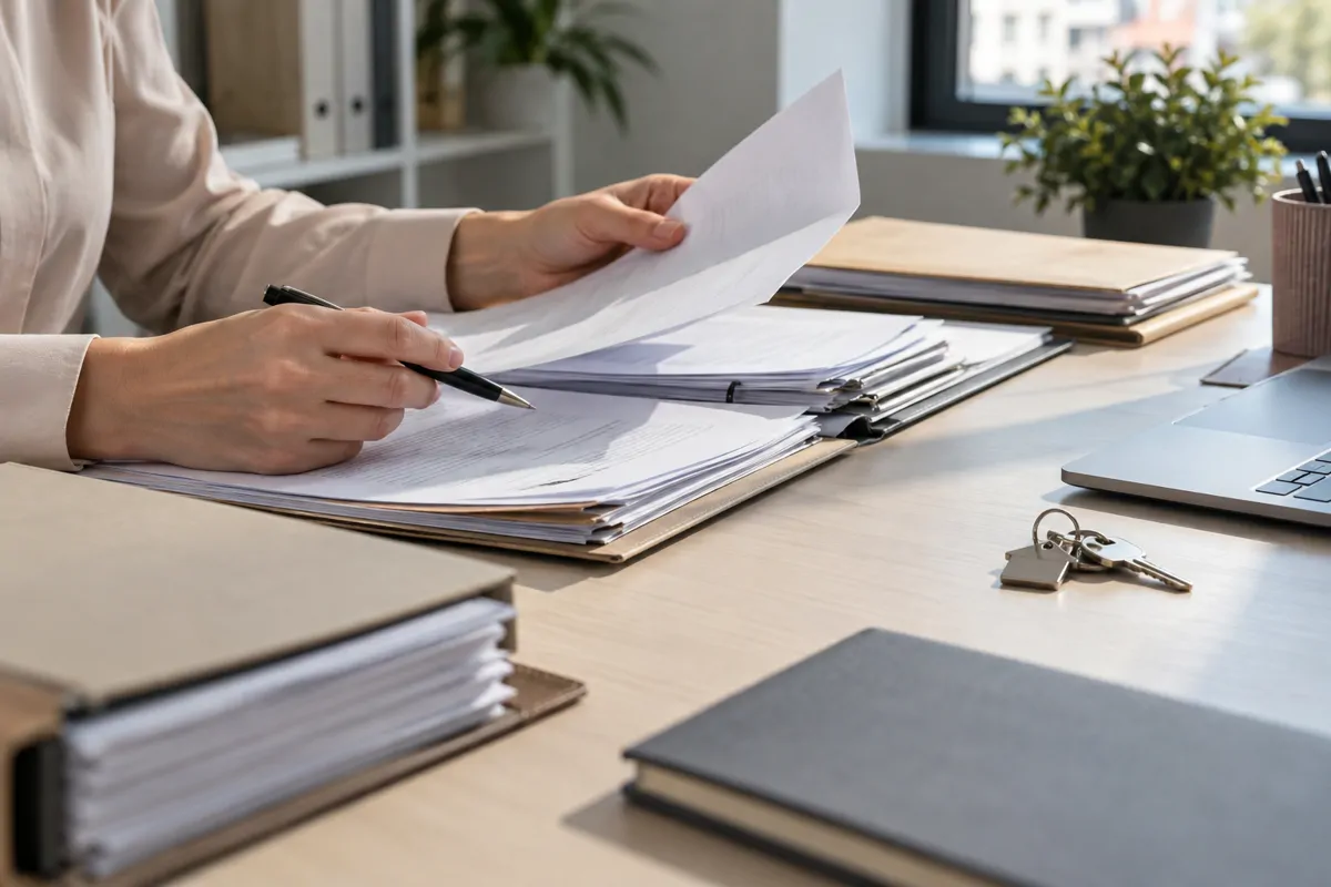Человек в светлом пиджаке рассматривает бумагу над раскрытой папкой; рядом ключи.