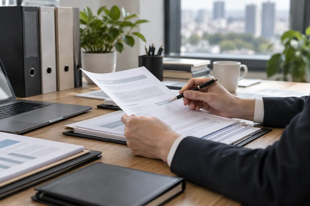 Человек с ручкой читает распечатку за столом с папками-регистраторами и кружкой.